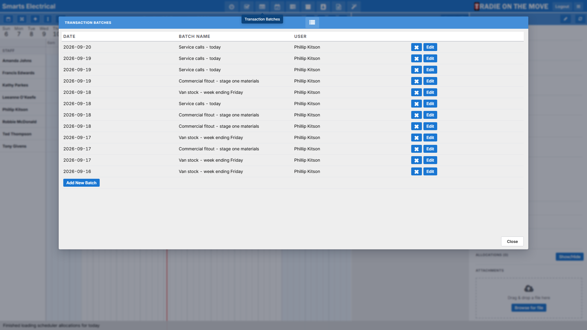 The Transaction Batches screen