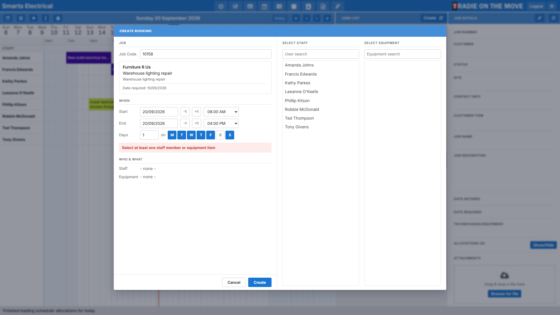 The Create Booking dialog