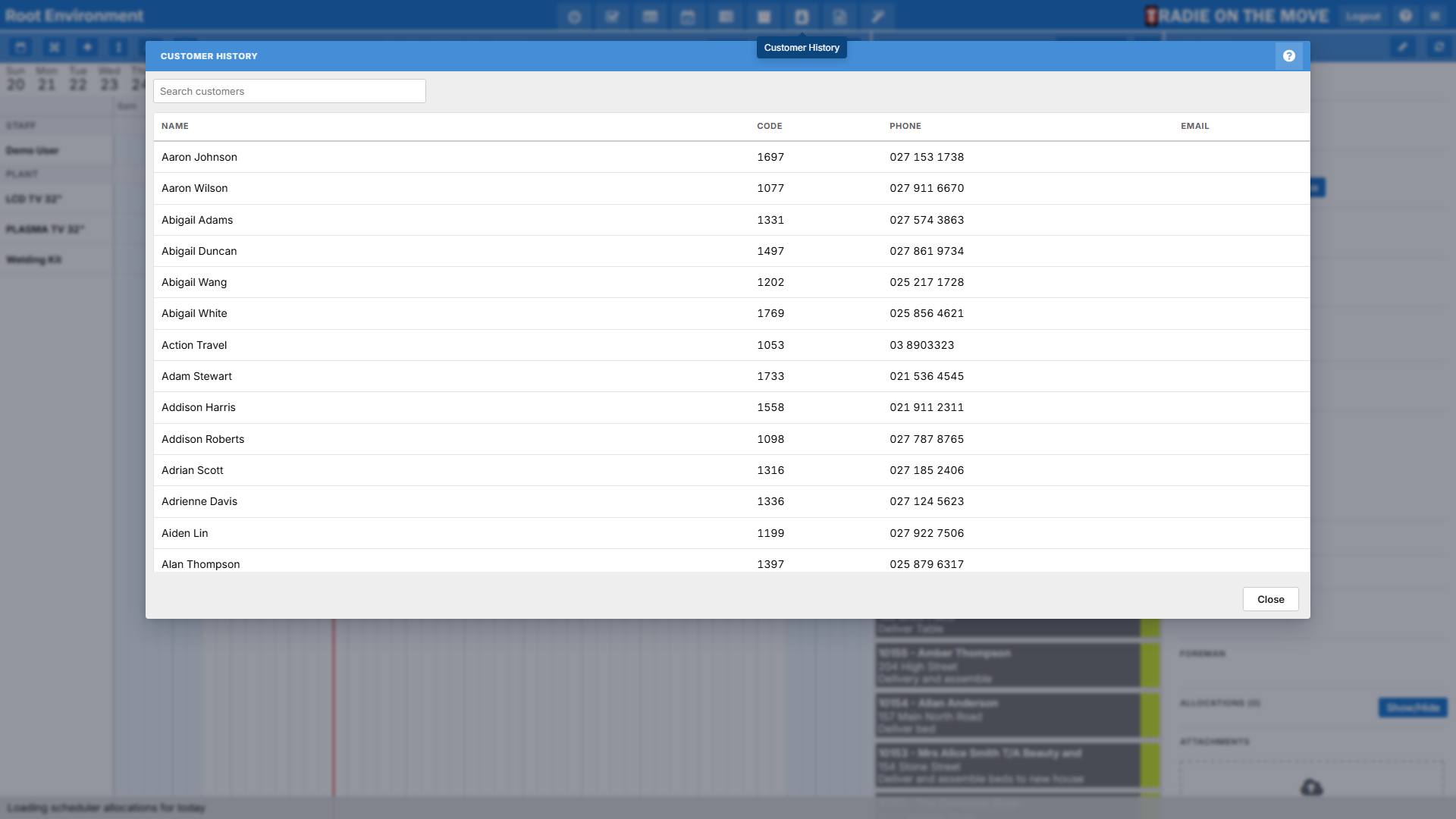 The Customer History window, listing customers to search and open
