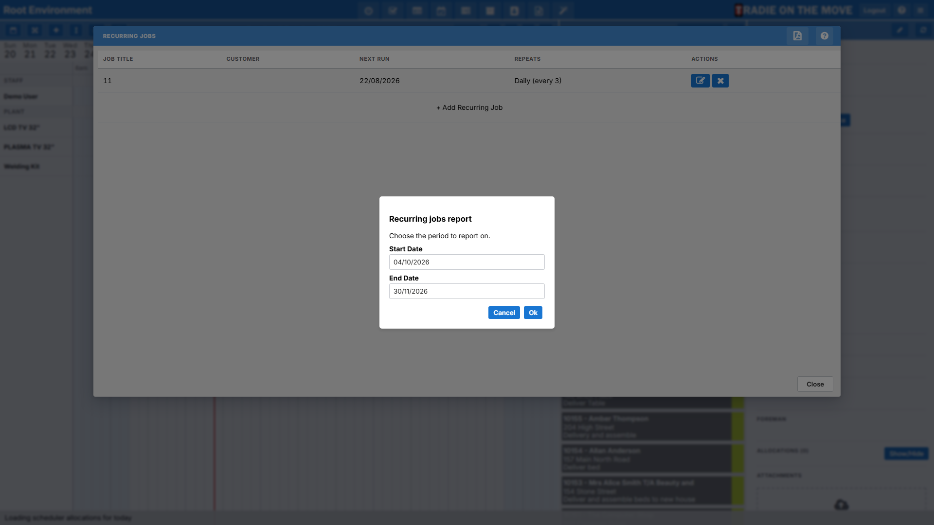The Recurring jobs report dialog asking for a start and end date