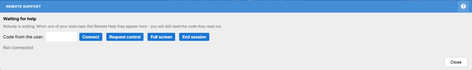 The Remote Support console: the waiting list, a box for the code, and the session buttons