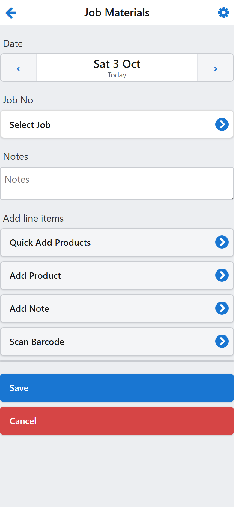 The Job Materials screen with its Add line items buttons