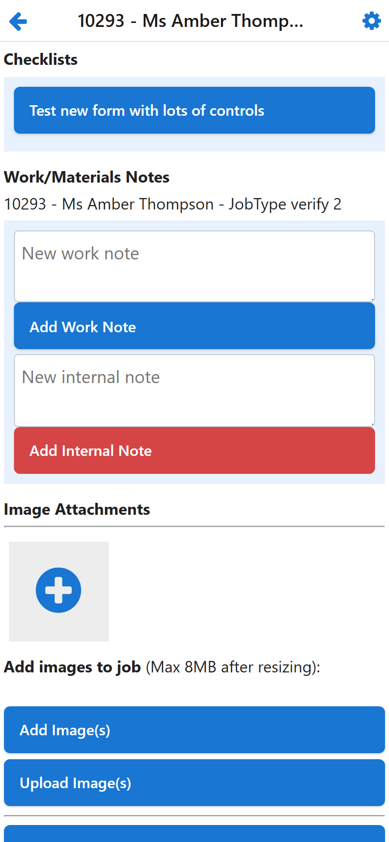 The work note and internal note boxes on a job