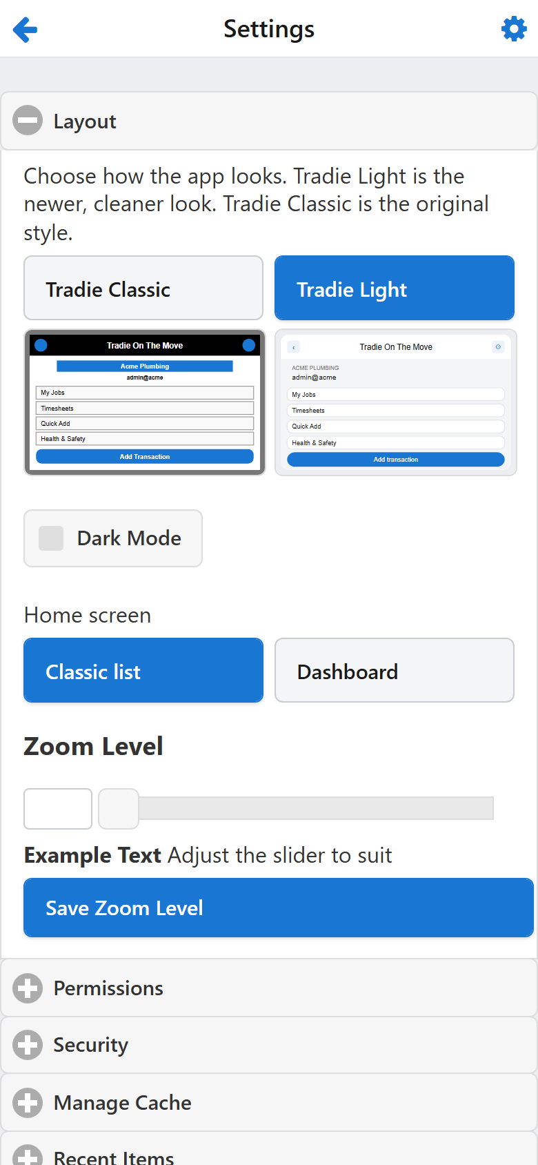 The Settings screen, Layout section open