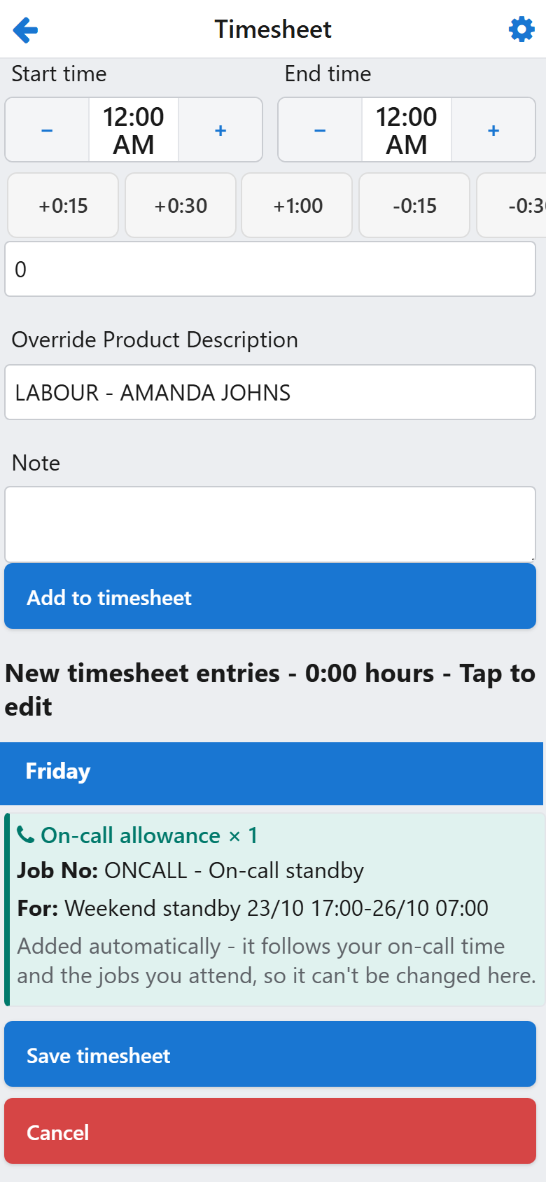 The Time Sheet screen with a teal On-call allowance row among the entries