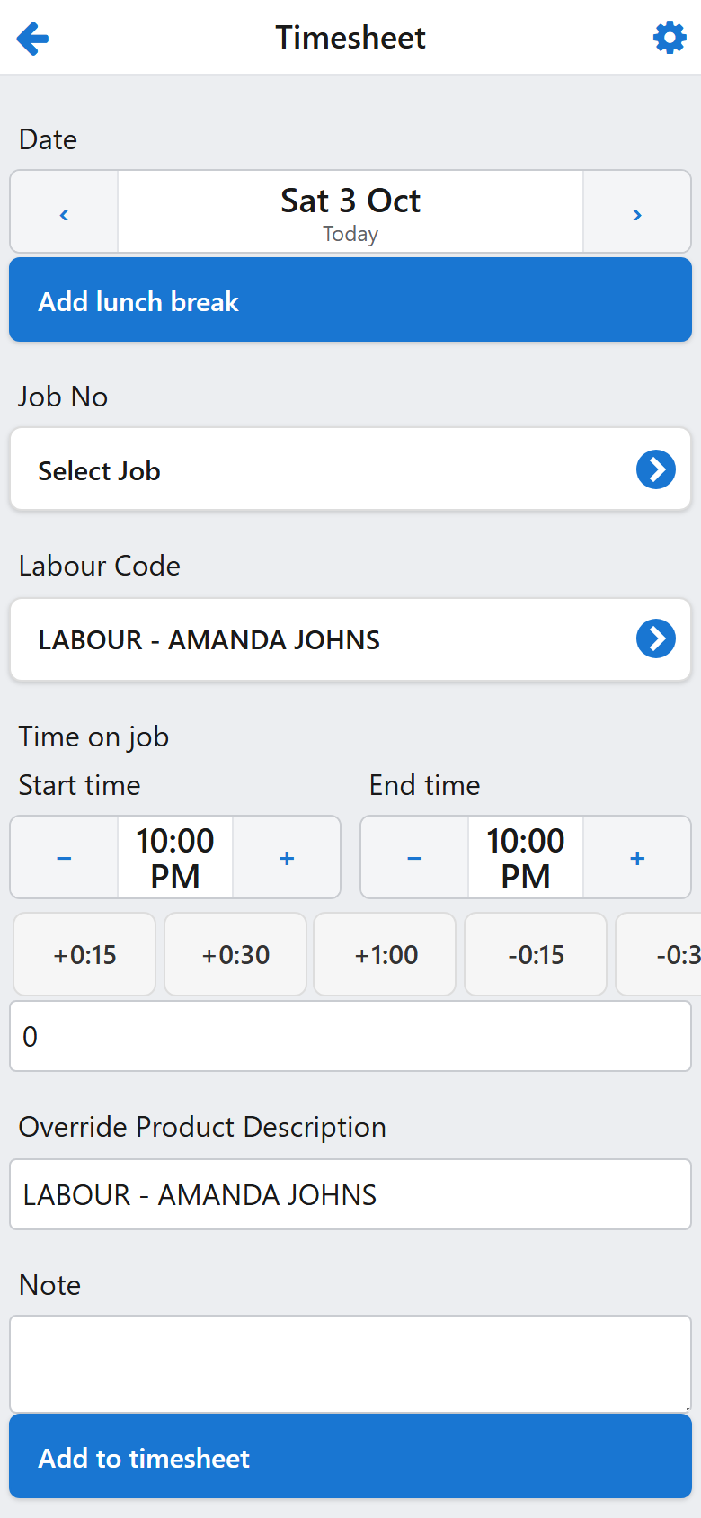 The Time Sheet screen: date, job, labour code, start and end times