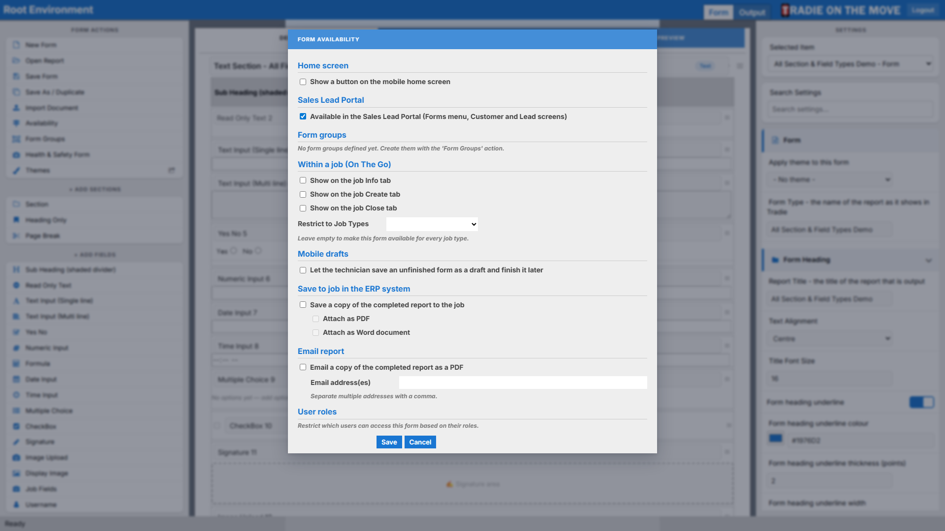 The Form Availability dialog: home screen, Sales Lead Portal, job tabs, drafts, ERP and email options