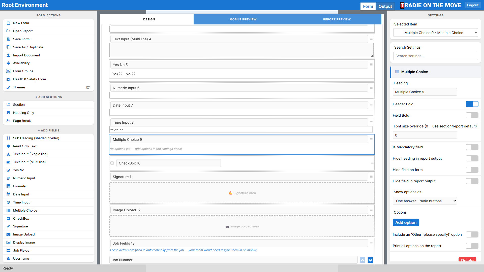 A Multiple Choice field selected, with its Show options as setting in the right panel