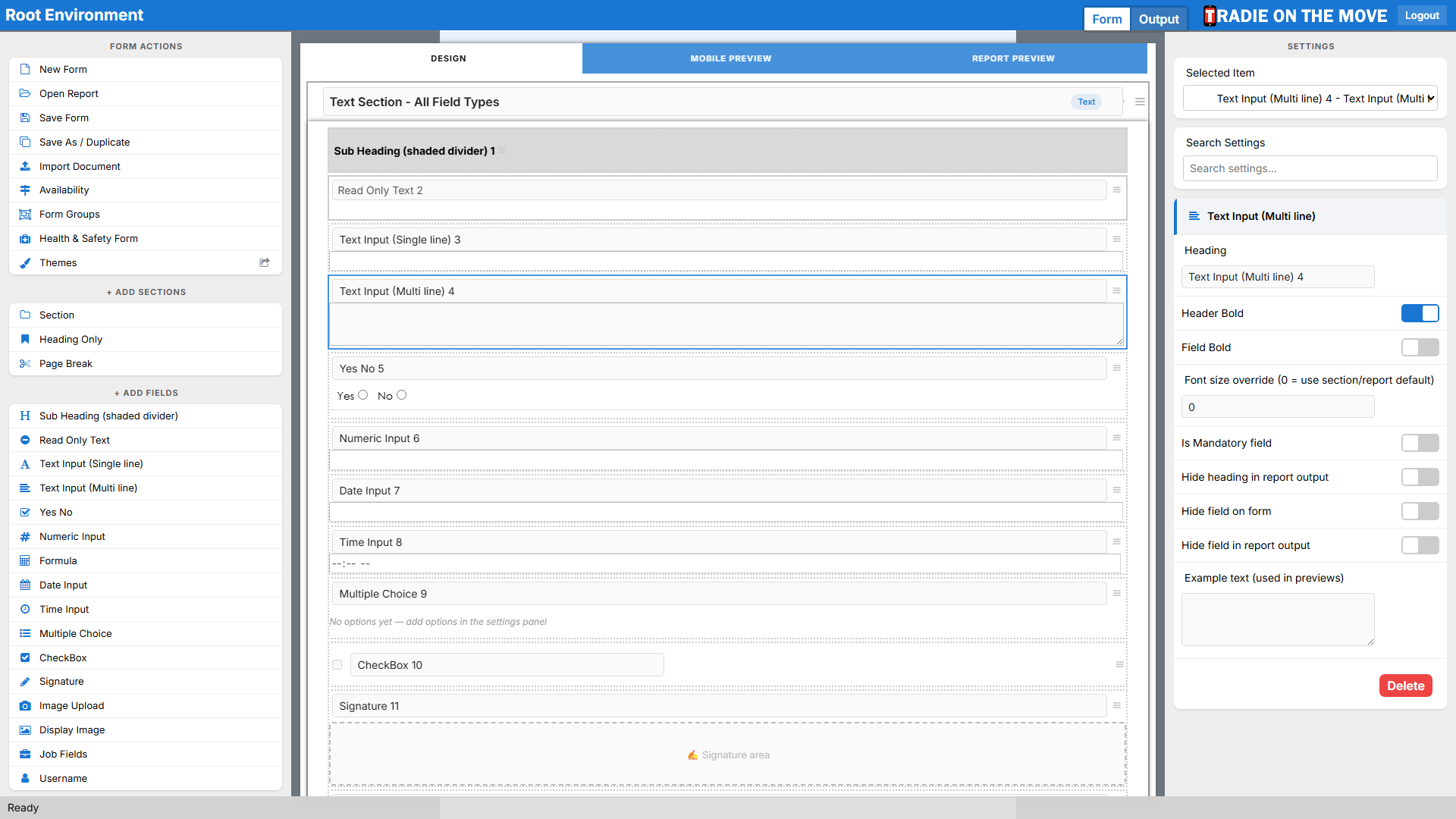 A multi-line Text Input selected, its settings in the right panel