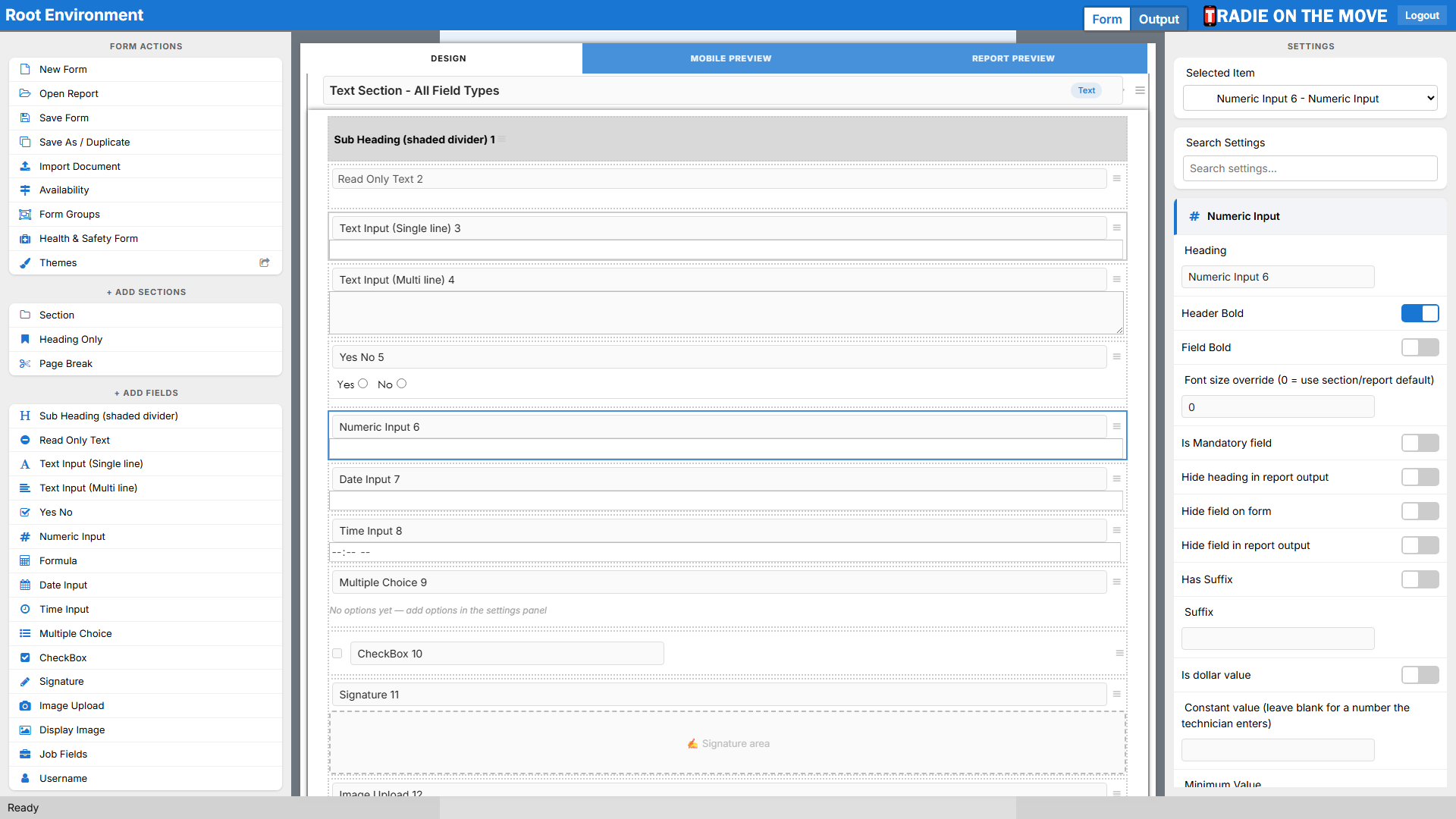 A Numeric Input selected, its settings in the right panel