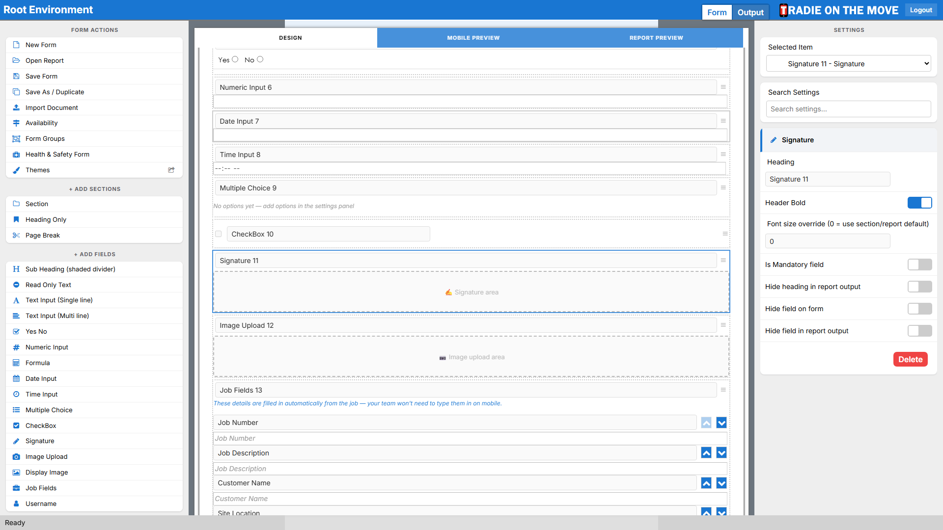 A Signature field selected, its settings in the right panel