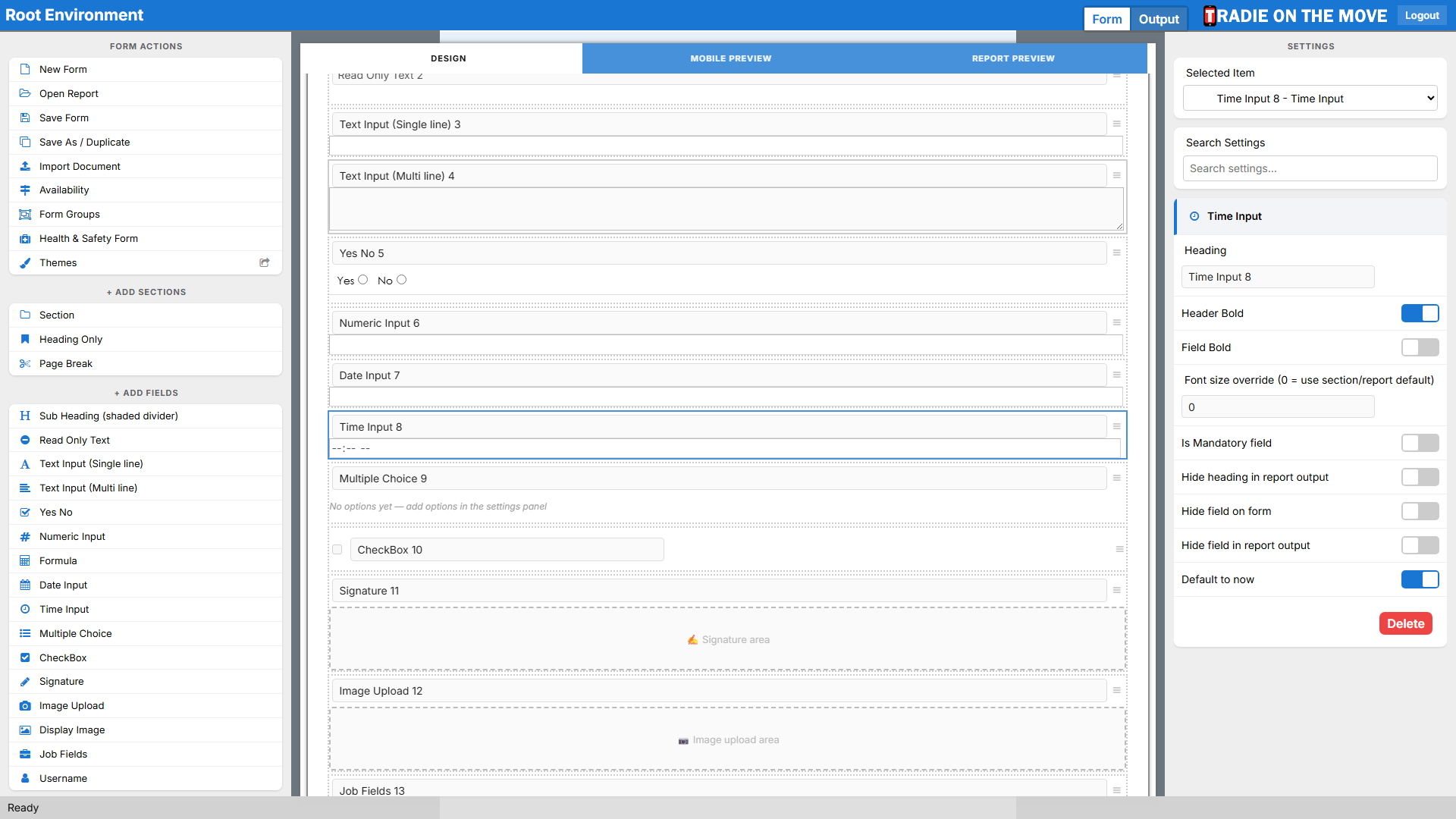 A Time Input selected, its settings in the right panel