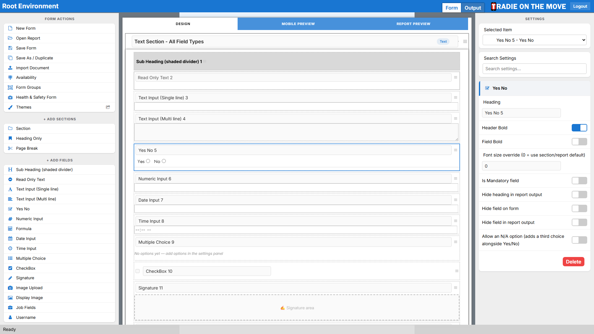 A Yes No field selected, its settings in the right panel