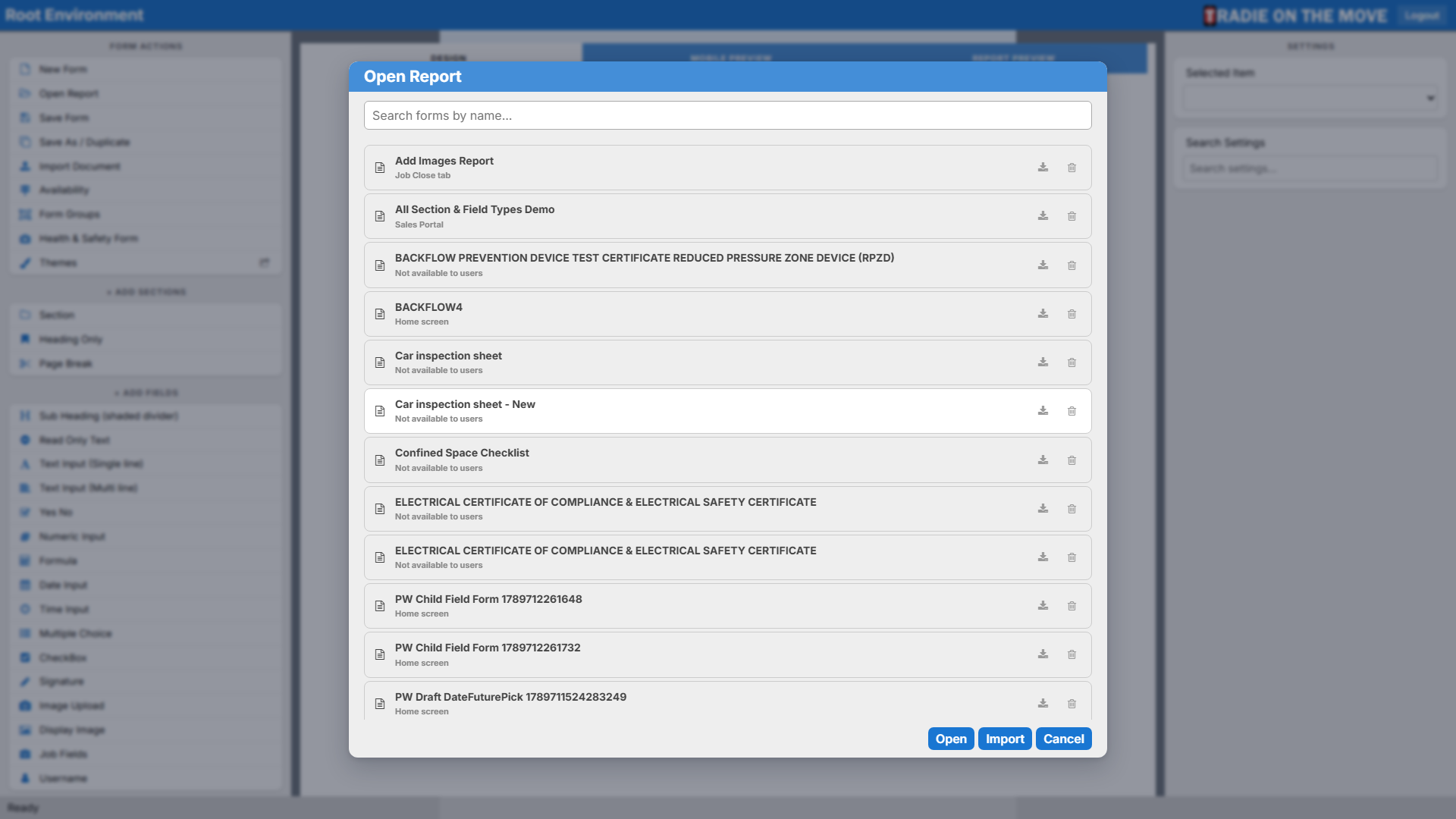 The Open Report picker listing the saved forms