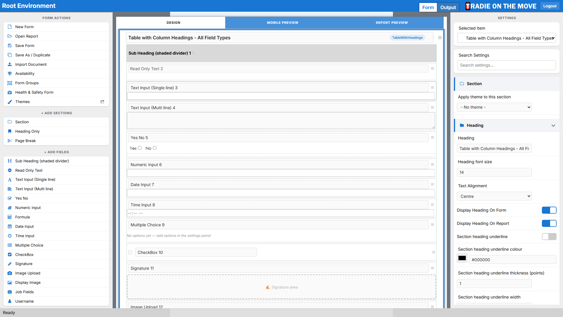 A Data Table section selected on the canvas, with its section settings in the right panel