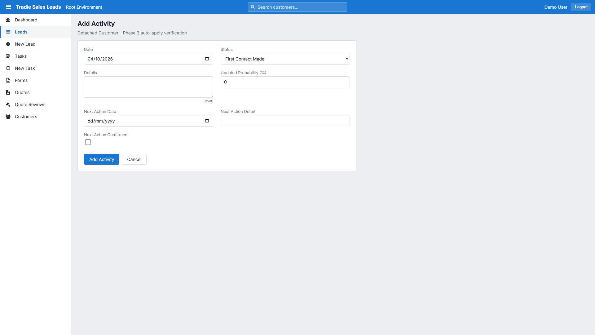 The Add Activity form on a lead: date, status, details, probability and next action