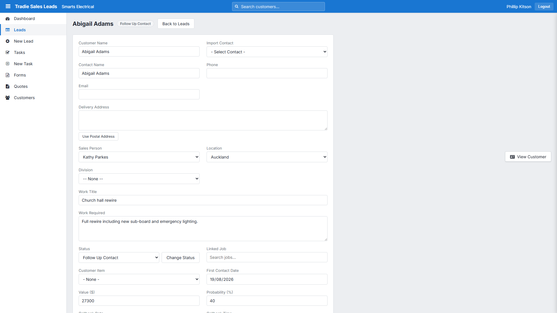 Sales lead detail screen