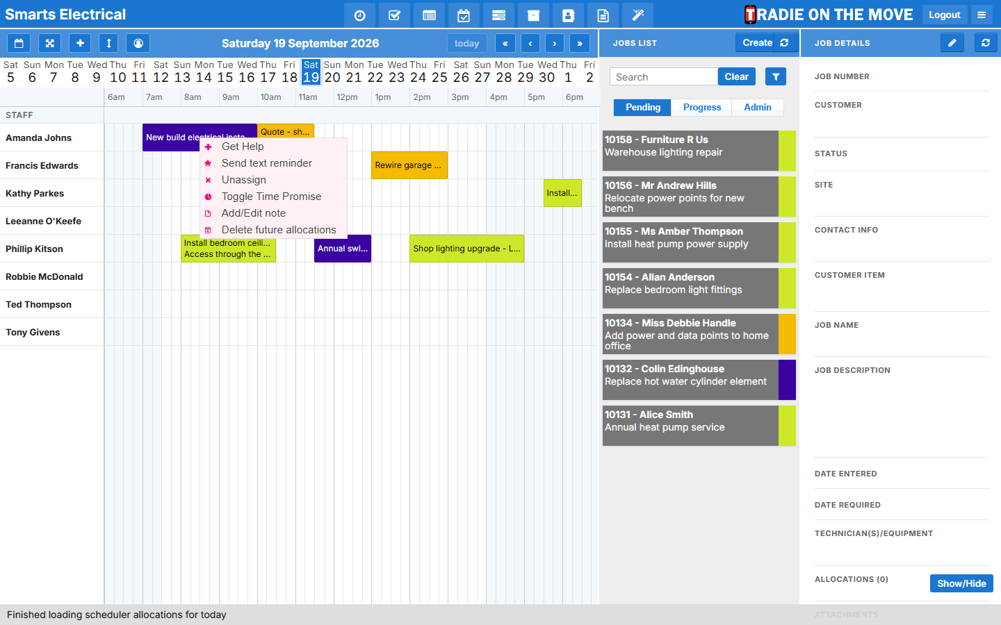 A booking's right-click menu, with Add/Edit note