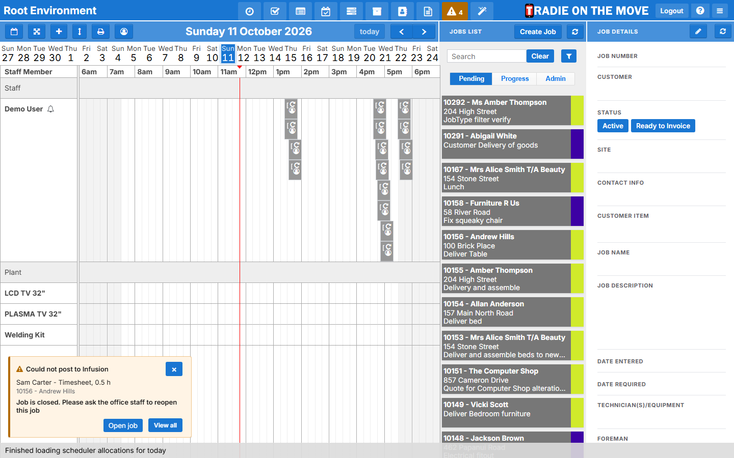 A card in the bottom-left corner saying a timesheet could not be posted because the job is closed