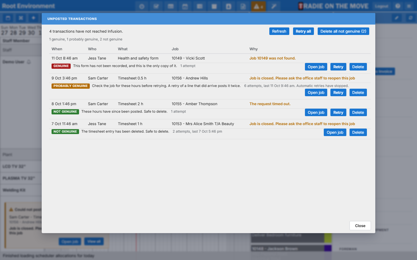 The Unposted Transactions screen in the Scheduler, listing timesheet entries Infusion did not accept