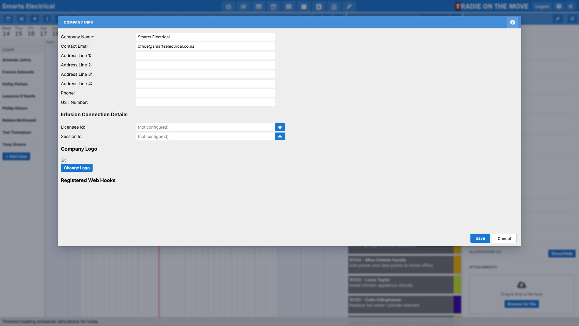 The Company Info screen in the Scheduler, with the Infusion Connection Details section holding the Licensee Id and Session Id