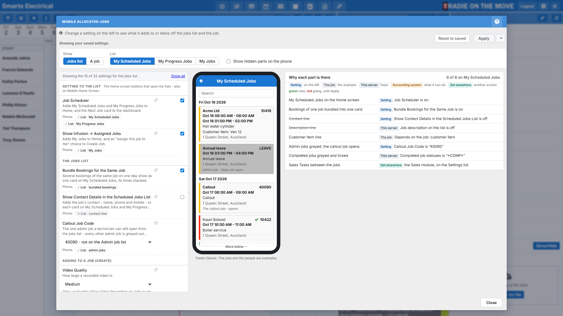 The Mobile Allocated Jobs settings screen: the settings rail, the phone's My Scheduled Jobs list, and the reason each part of it is shown