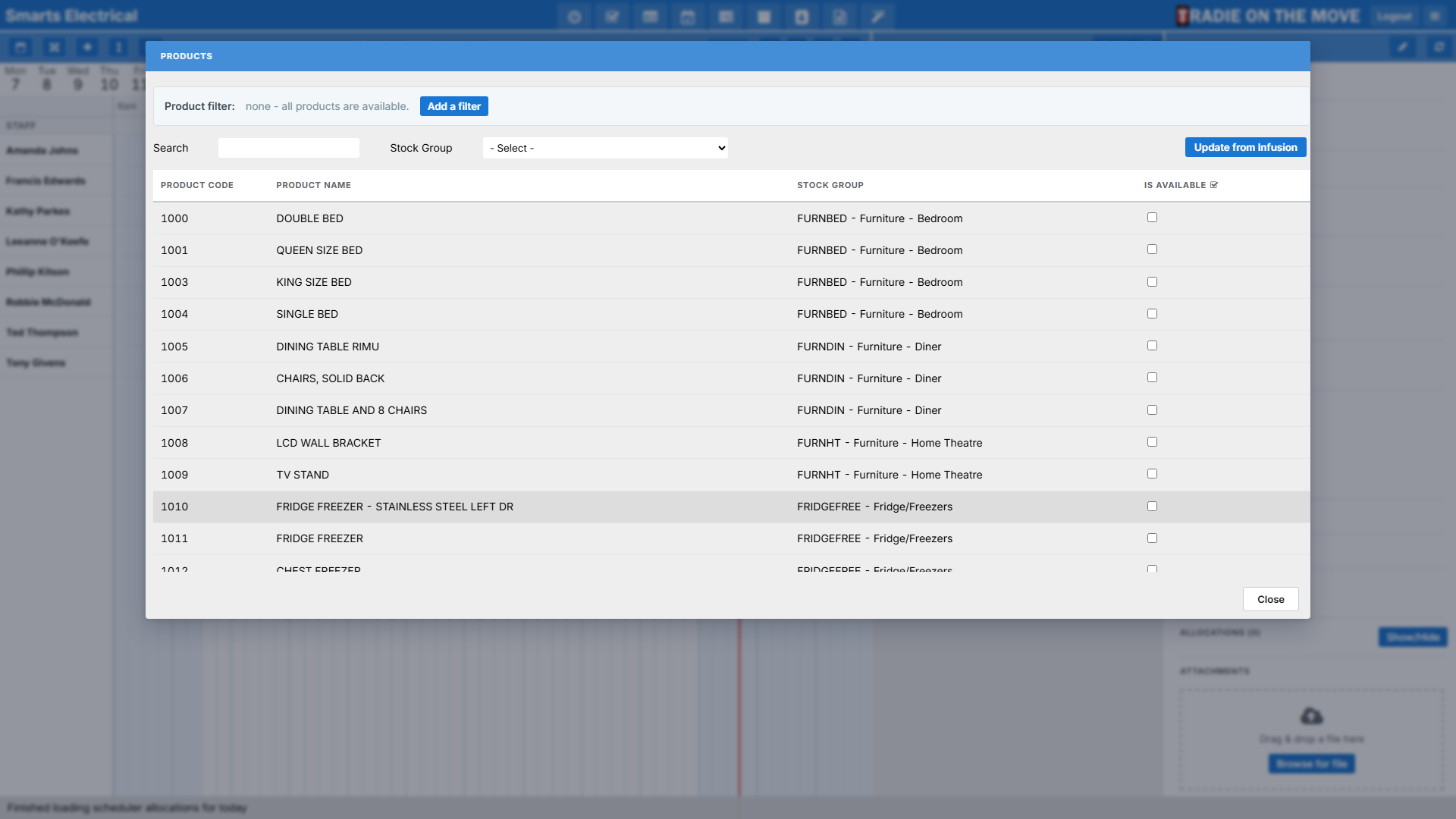 The Products settings screen