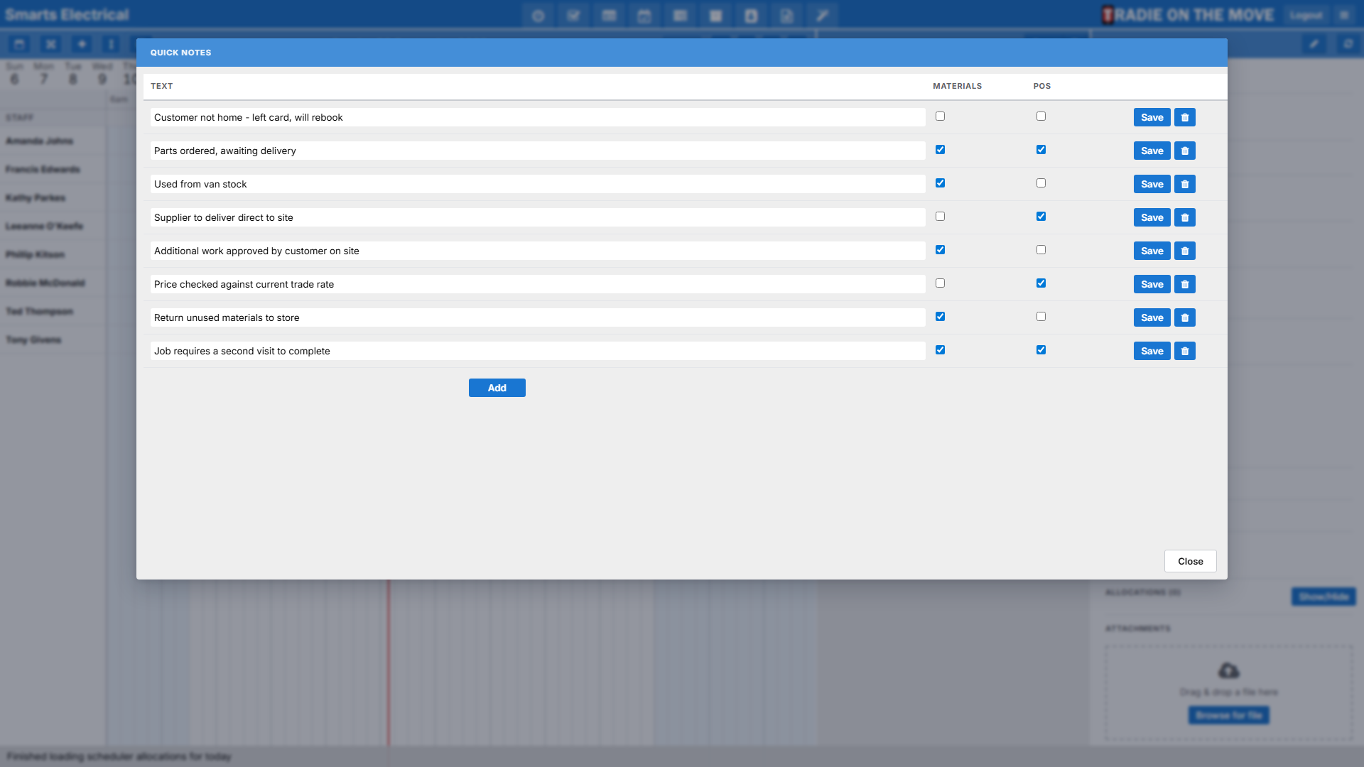 The Quick Notes settings screen