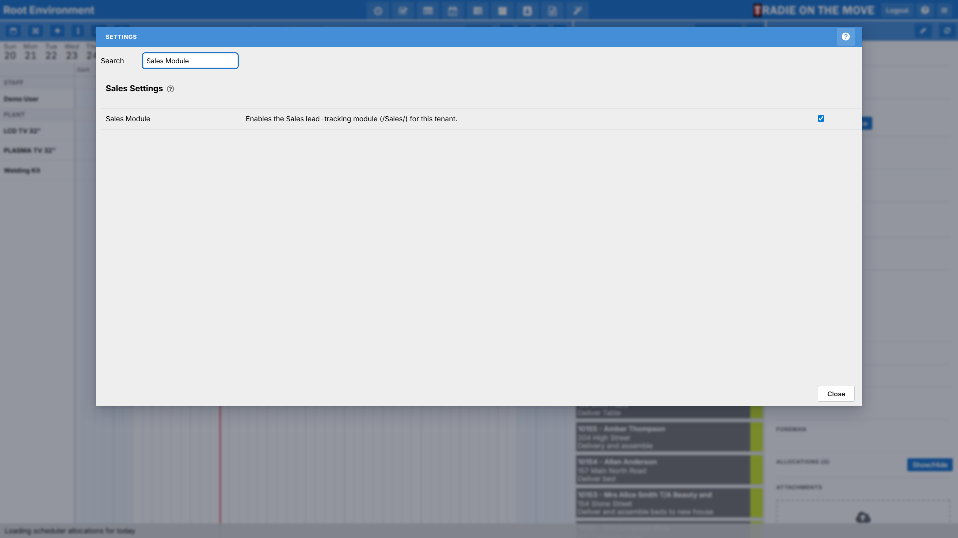 The Settings screen filtered to the Sales Module switch