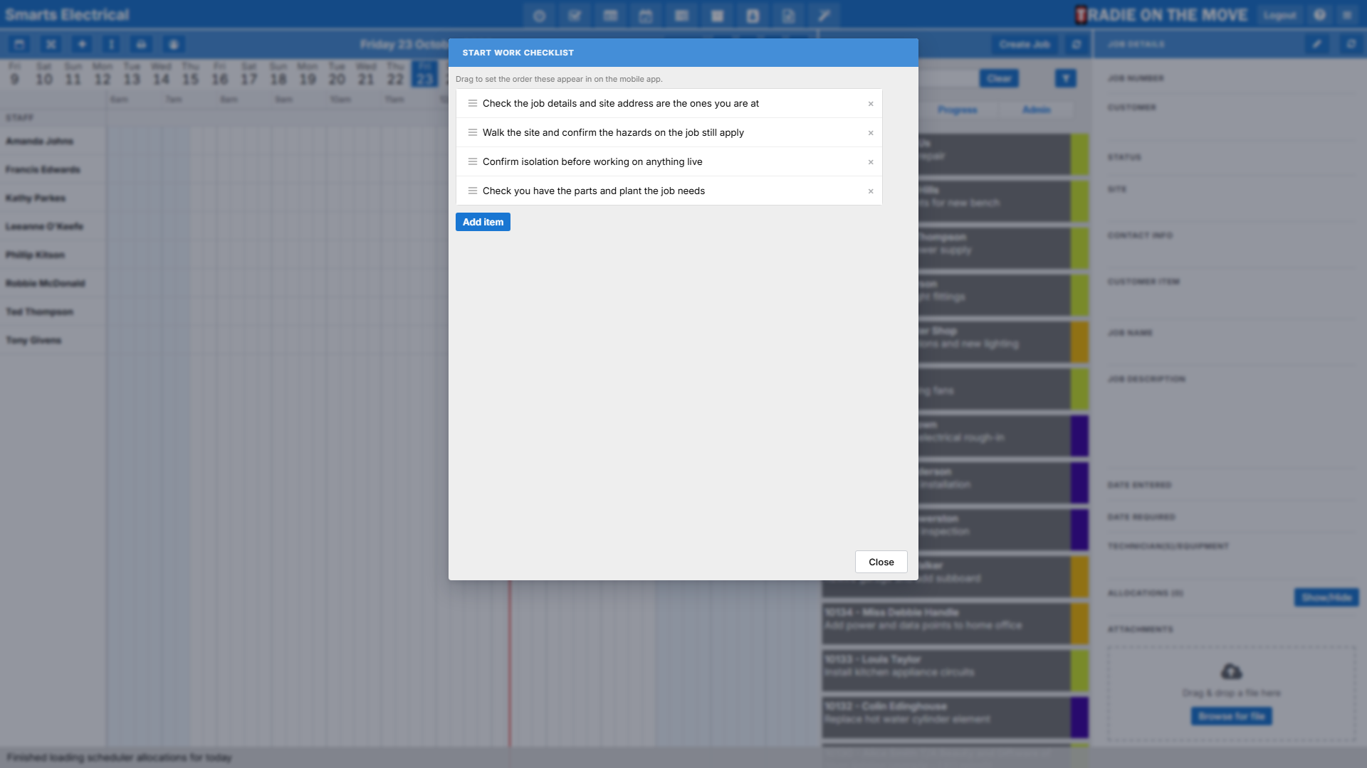 The Start Work Checklist settings screen, listing the items in order
