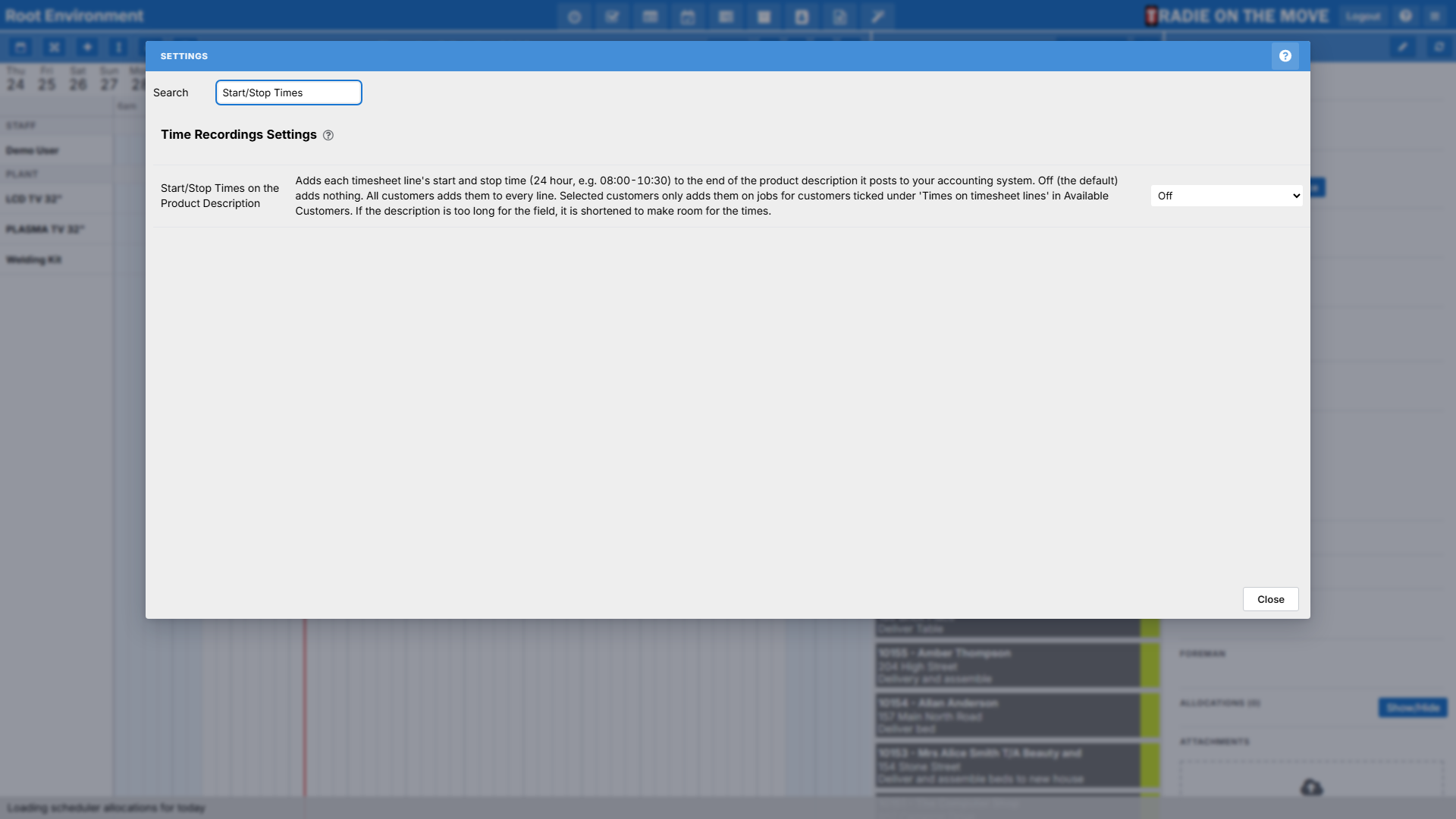 The Settings screen filtered to the Start/Stop Times on the Product Description setting