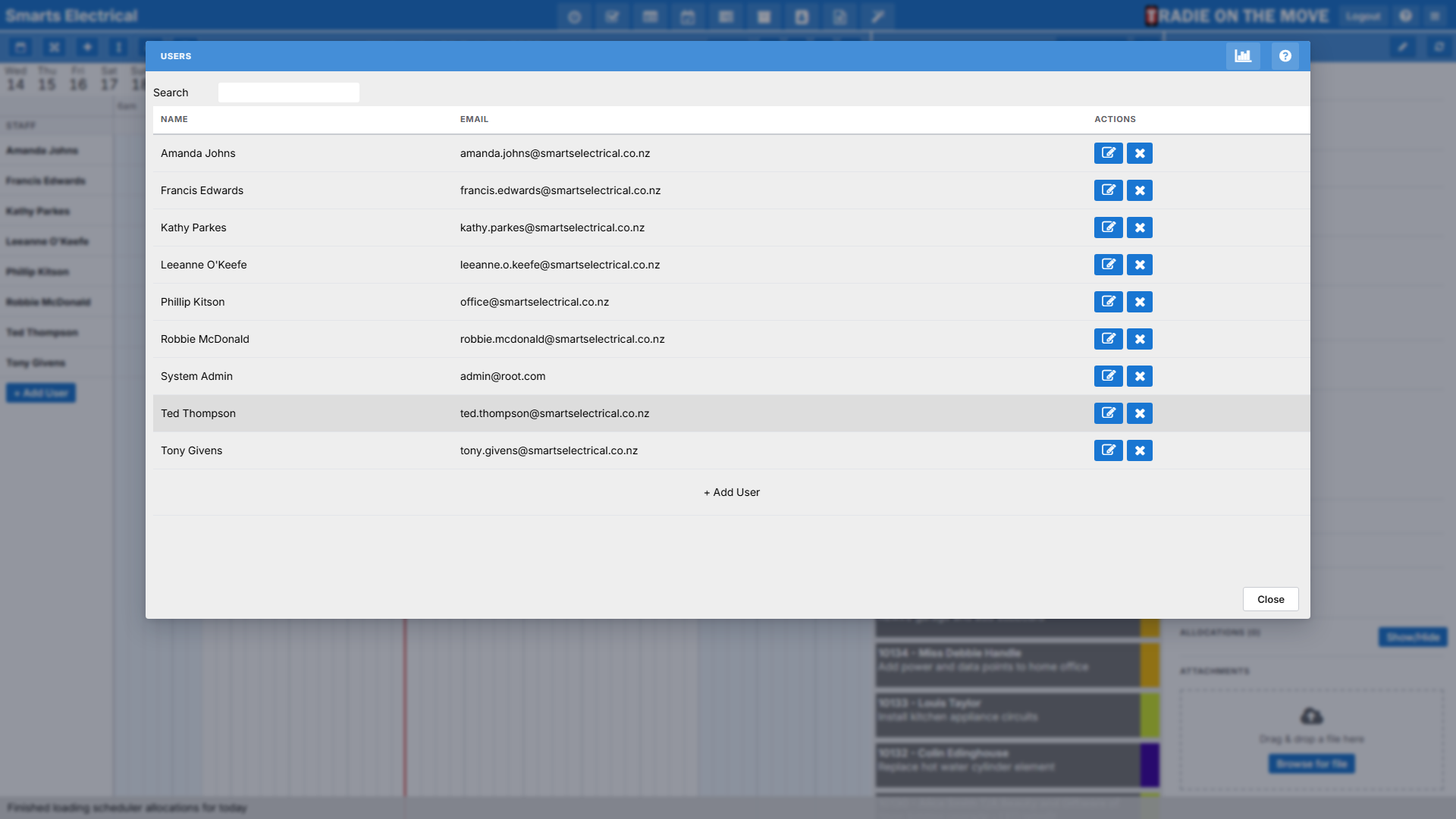 The Users settings screen