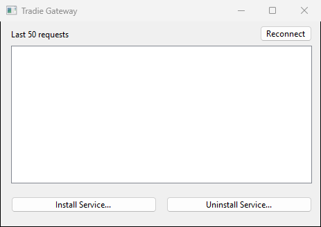 The Tradie Gateway window, with a Reconnect button, an activity list, and Install Service and Uninstall Service buttons